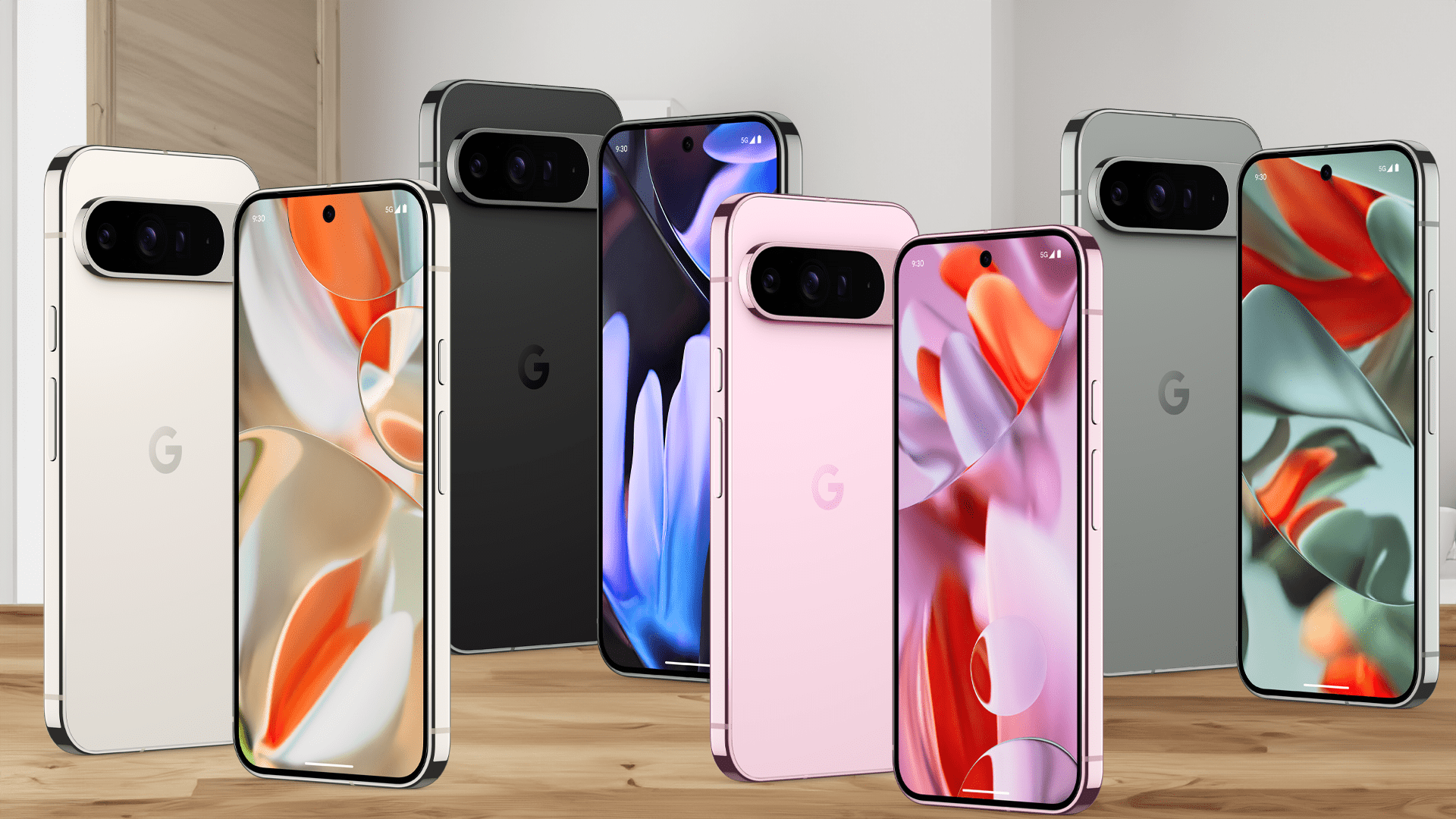 Left to right: Pixel 9 Pro XL in Porcelain, Pixel 9 Pro XL in Obsidian, Pixel 9 Pro XL in Rose Quartz, and Pixel 9 Pro XL in Hazel.