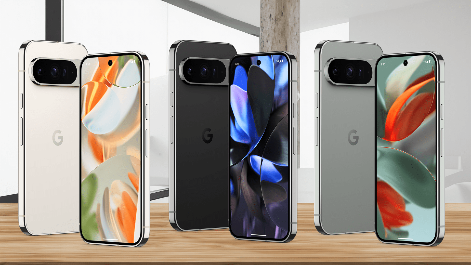 Left to right: Pixel 9 Pro in Porcelain, Pixel 9 Pro in Obsidian, and Pixel 9 Pro in Hazel. 