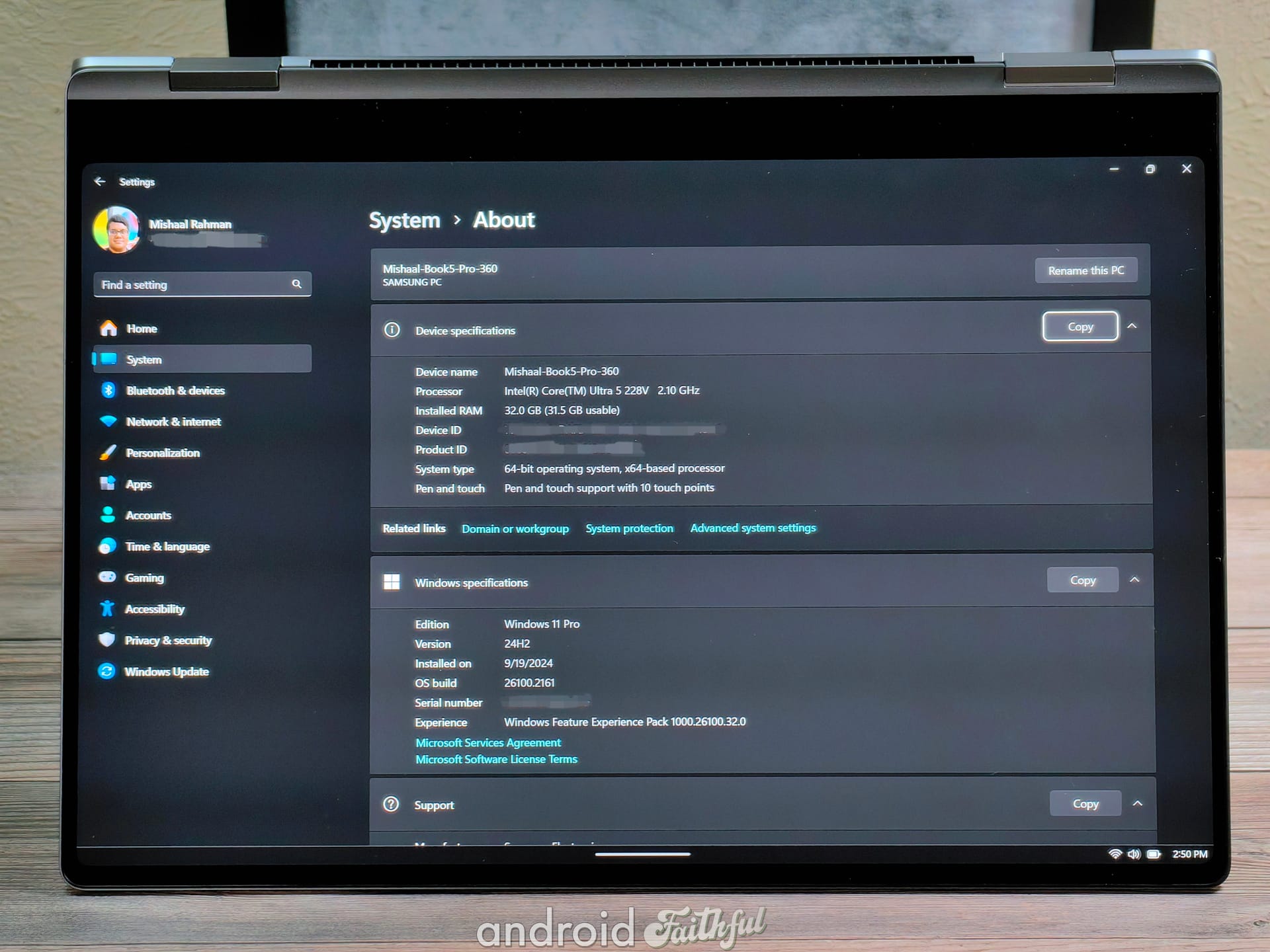 The hardware specifications of my Galaxy Book5 Pro 360.