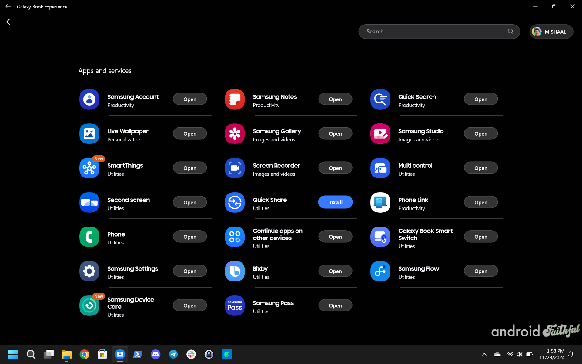 List of Samsung apps and services preinstalled on the Galaxy Book5 Pro 360.