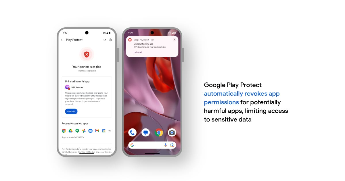 Google Play Protect now automatically revokes app permissions for potentially harmful apps. Source: Google.