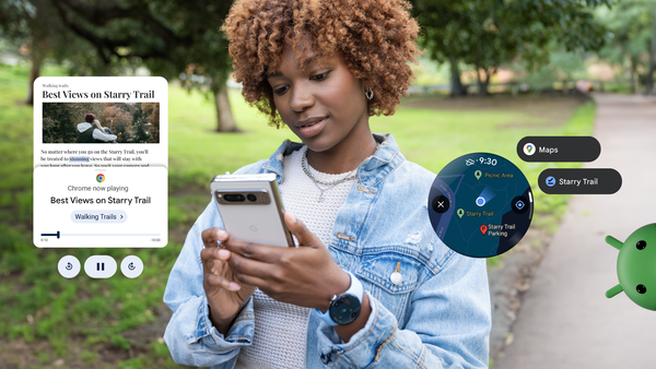 A woman holding a Pixel 9 Pro Fold and wearing a Pixel Watch 3 with bubbles showing Read Aloud and Maps on Wear OS