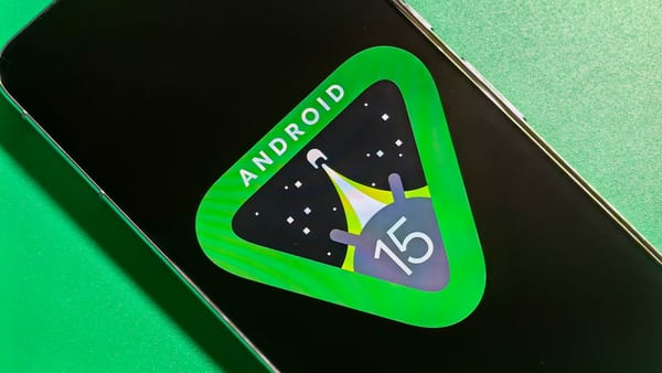 A photo of the Google Pixel 8 Pro displaying the Android 15 logo